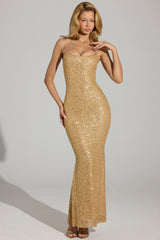 Embellished Fishtail Maxi Dress in Gold