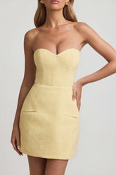 Sweetheart-Neck Strapless Structured Mini Dress in Pastel Yellow