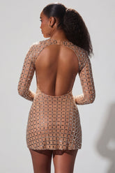 Embellished Semi-Sheer Cut-Out Mini Dress in Almond
