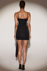 Embellished V-Neck Draped Corset Mini Dress in Black