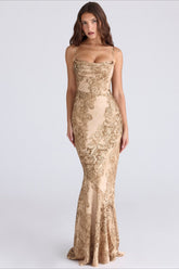 Gold Floral Print Satin Maxi Mermaid Prom Dress