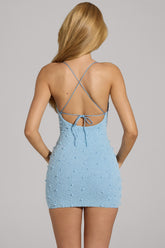 Embellished Cowl Neck Mini Dress in Sky Blue