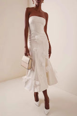 White Strapless 3D Floral High Waist Prom Dress