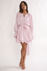 Maeva Long Balloon Sleeve Rosette Mini Dress Baby Pink