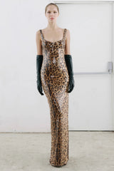 Leopard Sequin Sheer Cape Spaghetti Strap Backless Prom Dress