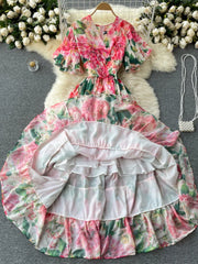 Elegant Party Dress Women Chiffon Printed Floral Long Dresses Ladies Short Sleeve Sexy V-neck Beach Maxi Dress Vestidos