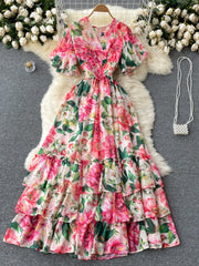 Elegant Party Dress Women Chiffon Printed Floral Long Dresses Ladies Short Sleeve Sexy V-neck Beach Maxi Dress Vestidos