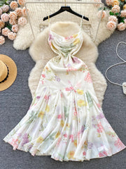 French Elegant Beach Dress New Women Sexy Floral Printed Slim Mid Length Ruffled Party Dresses Ladies Summer Long Robe
