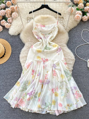 French Elegant Beach Dress New Women Sexy Floral Printed Slim Mid Length Ruffled Party Dresses Ladies Summer Long Robe