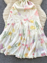 French Elegant Beach Dress New Women Sexy Floral Printed Slim Mid Length Ruffled Party Dresses Ladies Summer Long Robe