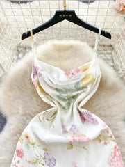 French Elegant Beach Dress New Women Sexy Floral Printed Slim Mid Length Ruffled Party Dresses Ladies Summer Long Robe