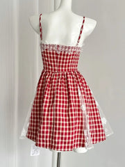 Y2K Red Plaid Mini Dresses for Women Spaghetti Strap Lace Patchwork A-line Birthday Party Dress Korean Fashion One Piece Vestido