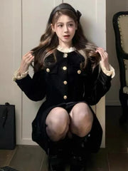 Autumn Black Velvet Dresses for Women Long Sleeve Single Breasted Evening Party Dress Korean Fashion A-line Vestido Mujer New