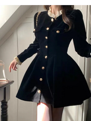 Autumn Black Velvet Dresses for Women Long Sleeve Single Breasted Evening Party Dress Korean Fashion A-line Vestido Mujer New
