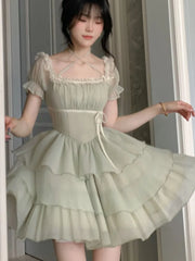 Y2K Princess Birthday Party Dress Lace Patchwork Short Dresses for Women Puff Sleeves Ruffles A-line Cake Vestido Mujer New