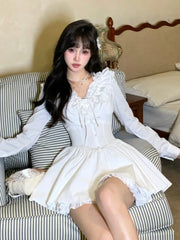 Elegant White Short Dresses for Women Lace Ruffles V-neck A-line Birthday Party Dress Korean Korean Y2K One Piece Mini Vestido