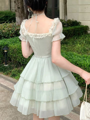 Y2K Princess Birthday Party Dress Lace Patchwork Short Dresses for Women Puff Sleeves Ruffles A-line Cake Vestido Mujer New