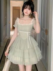 Y2K Princess Birthday Party Dress Lace Patchwork Short Dresses for Women Puff Sleeves Ruffles A-line Cake Vestido Mujer New