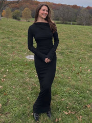White Skew Collar Long Sleeve Maxi Dress For Women Autumn Winter New Bodycon Elegant Party Dress Female High Waist