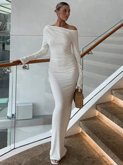 White Skew Collar Long Sleeve Maxi Dress For Women Autumn Winter New Bodycon Elegant Party Dress Female High Waist