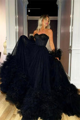 Strapless Black Layered Prom Dress