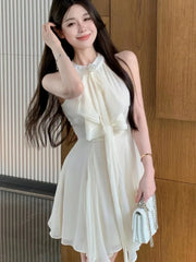 Elegant Halter Ruffles Short Dresses for Women Diamond Sleeveless A-line Sexy Evening Party Dress Prom Korean Chic Vestido Mujer