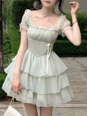 Y2K Princess Birthday Party Dress Lace Patchwork Short Dresses for Women Puff Sleeves Ruffles A-line Cake Vestido Mujer New