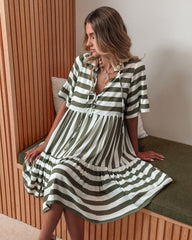 Serah Khaki Stripe Dress | Women's Striped Midi Dress