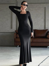 Autumn Fashion Black Maxi Dress Women’s Square Collar High Waist Slim Elegant Party Dress Gown Female Solid Long Dress New