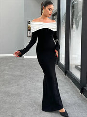Elegant Contrast Slim Maxi Dress Female Off-Shoulder Fashion Twist Long Sleeve Patchwork Dress Ladies Party Dress Clothes
