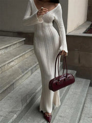 Hollow Out Knitwear Backless Long Dress Women’s Slim High Waist Skinny Autumn Elegant Party Dress Female Knit Dress
