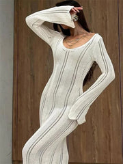 Hollow Out Knitwear Backless Long Dress Women’s Slim High Waist Skinny Autumn Elegant Party Dress Female Knit Dress