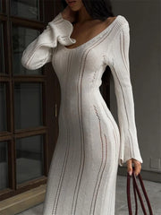 Hollow Out Knitwear Backless Long Dress Women’s Slim High Waist Skinny Autumn Elegant Party Dress Female Knit Dress
