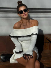 Knit Off-Shoulder Sweater Mini Dress Women’s Lace Patchwork Ribbed Slim Backless Elegant Party Dress Knitwear Mini Dress