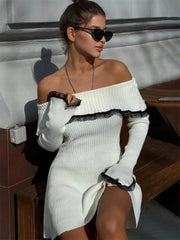 Knit Off-Shoulder Sweater Mini Dress Women’s Lace Patchwork Ribbed Slim Backless Elegant Party Dress Knitwear Mini Dress