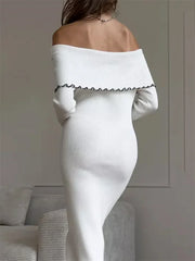 Ruffled Slim Knit Dress Women’s Backless Long Sleeve Bandeau Contrast Autumn Party Dress Fashion Knitwear Maxi Dress