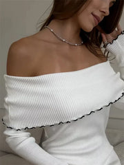 Ruffled Slim Knit Dress Women’s Backless Long Sleeve Bandeau Contrast Autumn Party Dress Fashion Knitwear Maxi Dress
