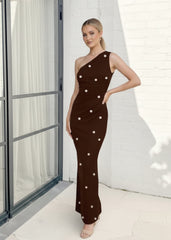 Velisse Dress Chocolate Spot | Women's Polka Dot One Shoulder Maxi Dress