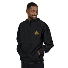 Black Packable Anorak Jacket with Gold Floral Chest Emblem — Lightweight Hooded Windbreaker ASIG LEGACY