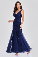 V Neck Sheer Embroidered Sequin Sexy Prom Dress