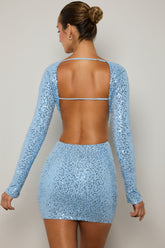 Embellished Cut-Out Mini Dress in Light Blue