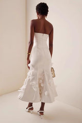 White Strapless 3D Floral  High Waist Prom Dress