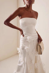 White Strapless 3D Floral  High Waist Prom Dress