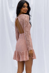 Hearts Aflutter Long Sleeve Open Back Lace Mini Dress Blush