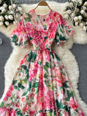 Elegant Party Dress Women Chiffon Printed Floral Long Dresses Ladies Short Sleeve Sexy V-neck Beach Maxi Dress Vestidos
