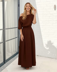 Emmanuelle Dress - Brown | Women's Boat Neck Cotton Maxi Dress