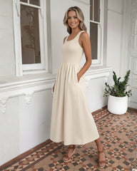 Kyline Cream Dress | Women's Shirred Midi Dress