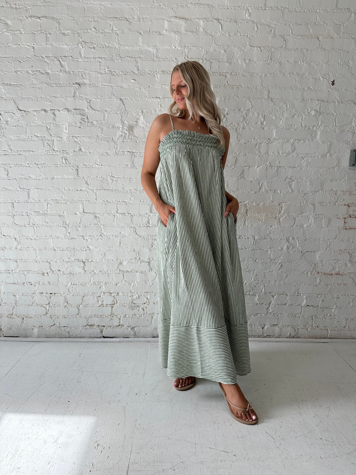 Laney Green Striped Smocked Tunic Maxi Dress