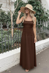 Mikayla Dress Brown | Women's Smocked Cotton Maxi Dress