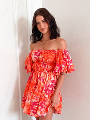 Nefertiri Dress Orange Print | Women's Printed Balloon Sleeve Mini Dress